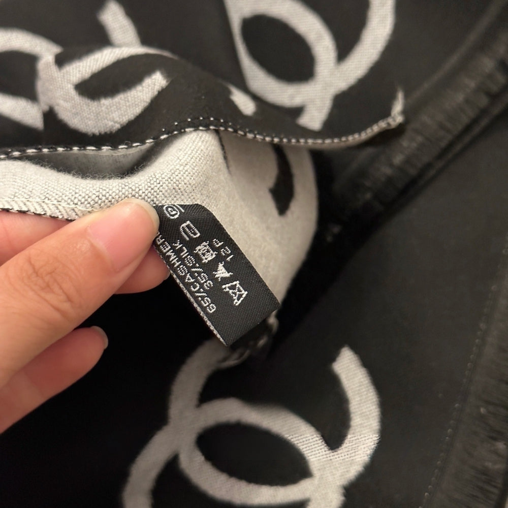 Chanel Wool Cashmere CC Scarf Black White 180Cm