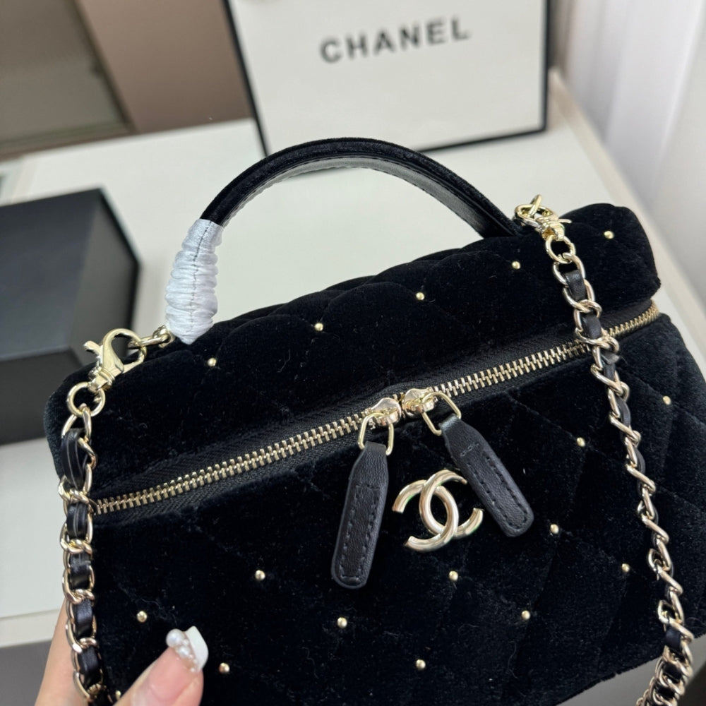 Chanel Vanity With Chain Velvet Diamante And Gold Tone Metal Black 19Cm