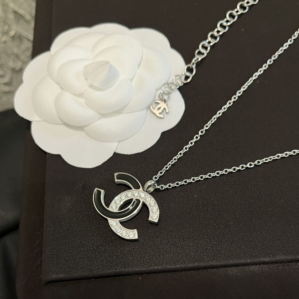 Chanel Cc Logo Pendant Necklace White Stones And Black Enamel Silver