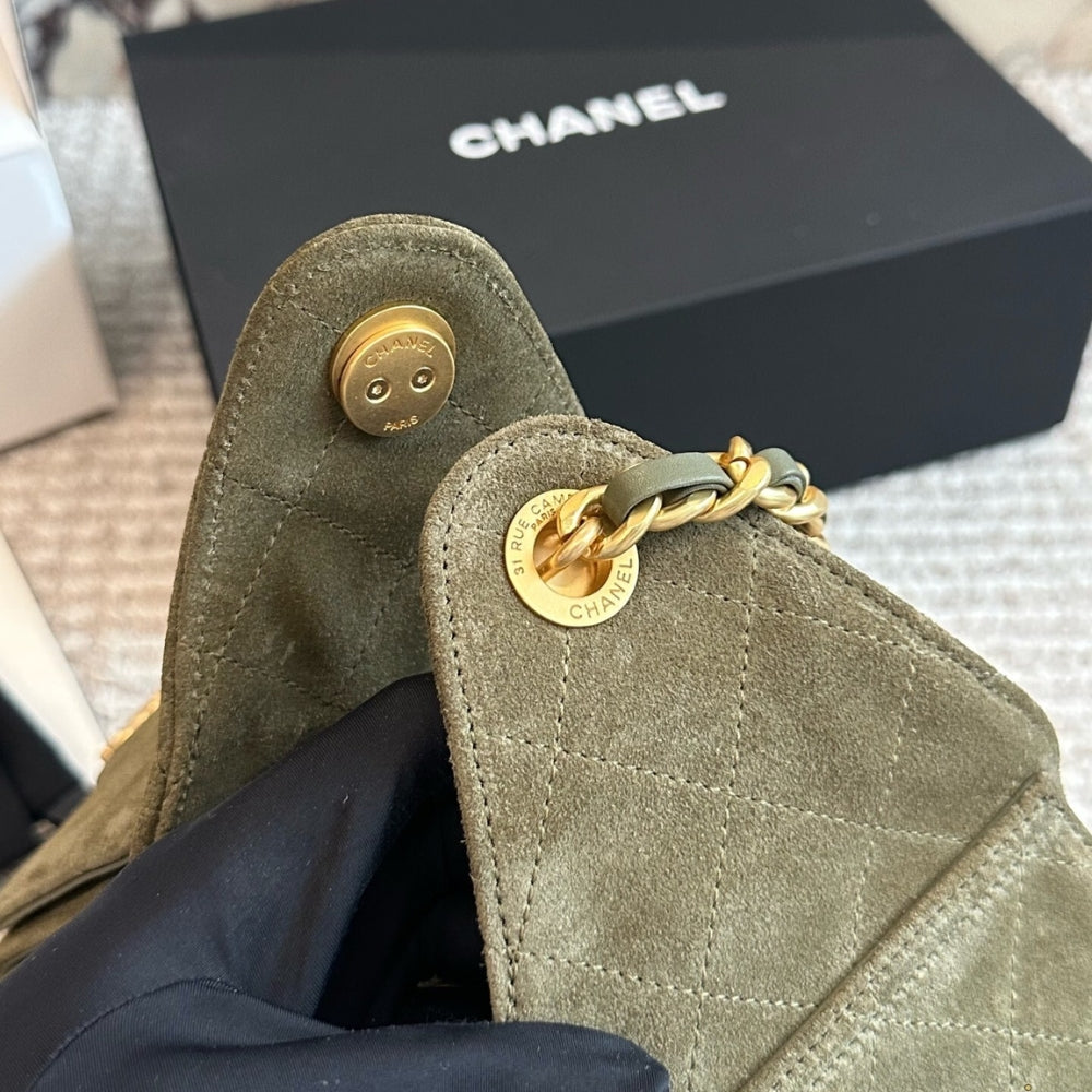 Chanel Small 25 Handbag Gold Tone Metal Khaki 26Cm