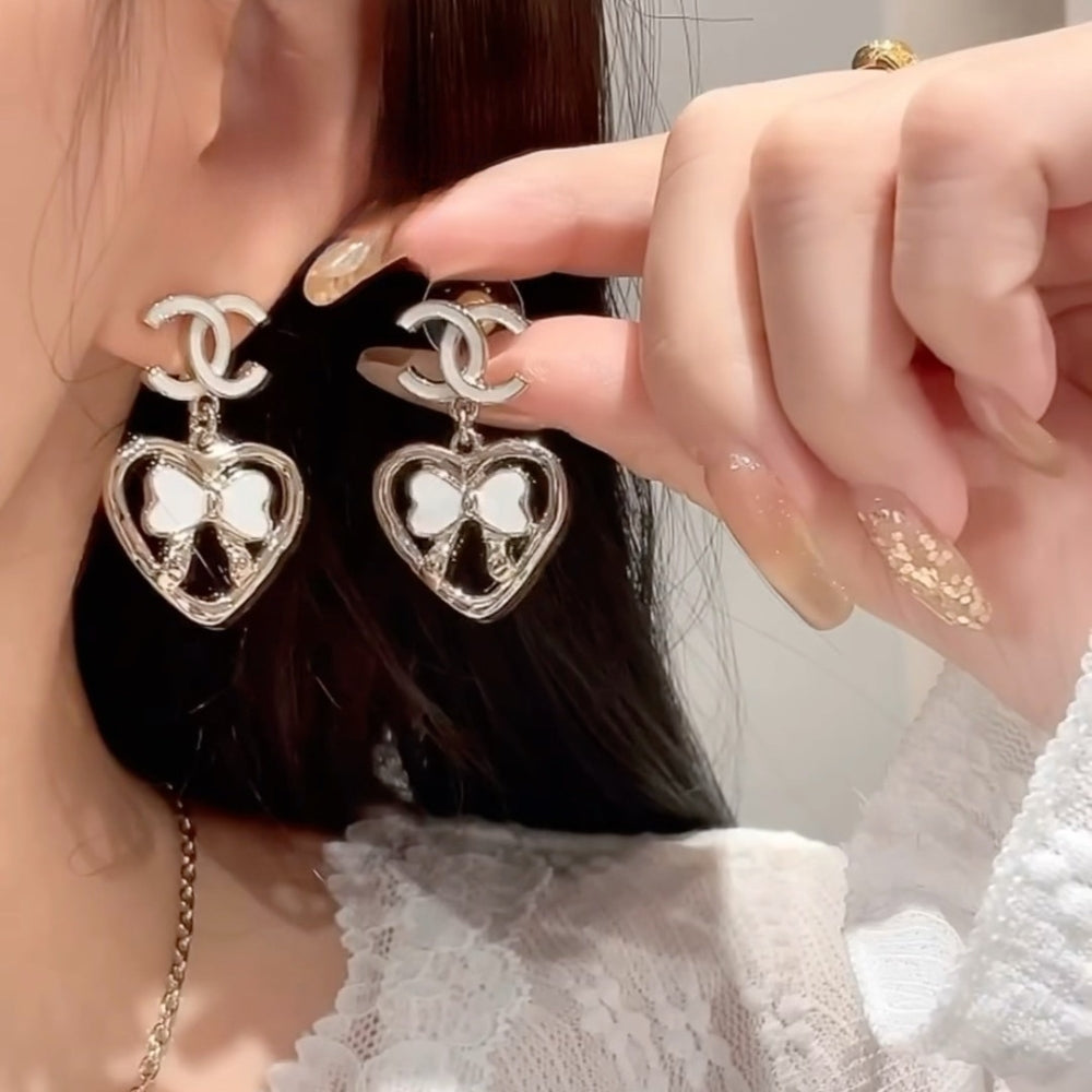 Chanel Metal Enamel Cc Heart Drop Earrings Gold