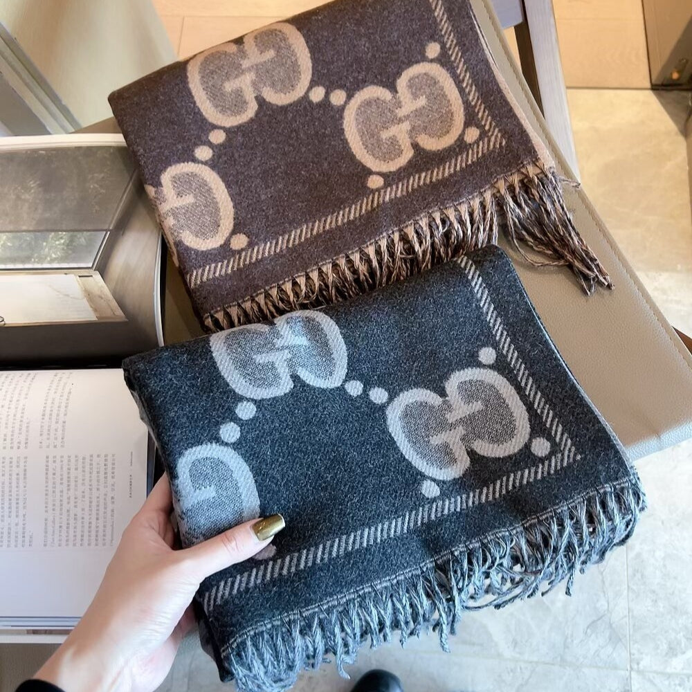 Gucci Gg Jacquard Wool Scarf In Brown 180Cm