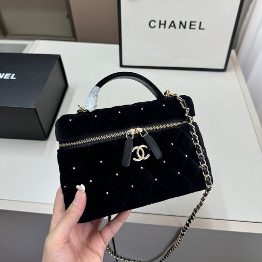 Chanel Vanity With Chain Velvet Diamante And Gold Tone Metal Black 19Cm
