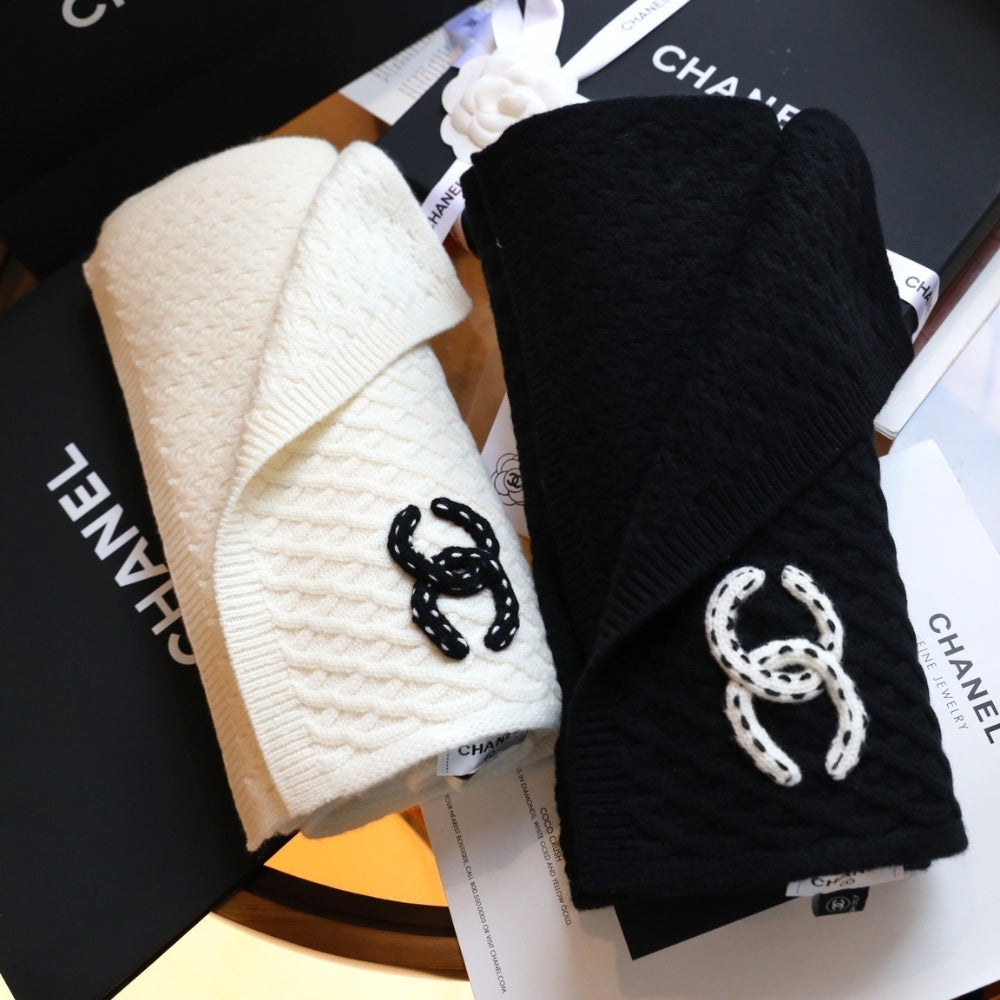 Chanel Cc Logo Patch Cashmere Scarf White