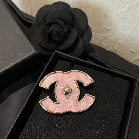 Chanel Cc Logo Brooch In Pink Enamel With Gold Tone Hardware