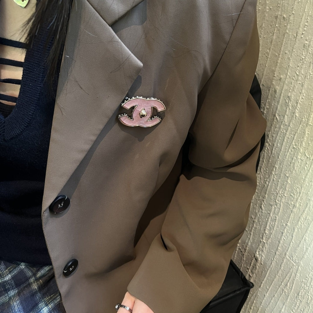 Chanel Cc Logo Brooch In Pink Enamel With Gold Tone Hardware