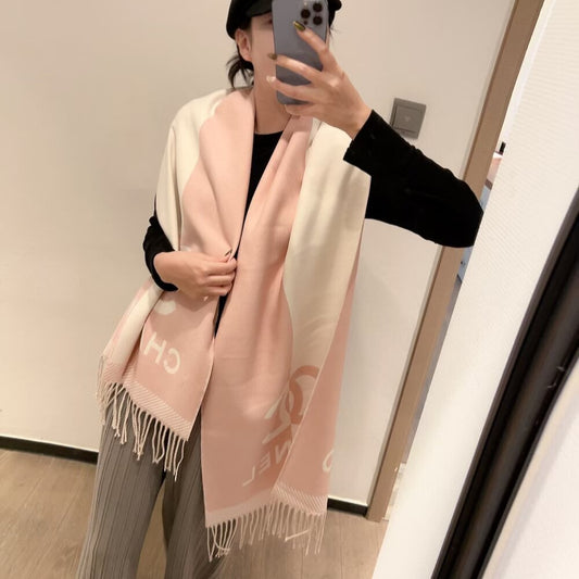 Chanel 24A Half Color Wool Scarf Pink 180Cm