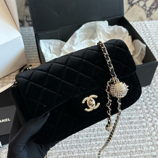 Chanel Mini Flap Bag Velvet Diamante And Gold Tone Metal Black 20Cm