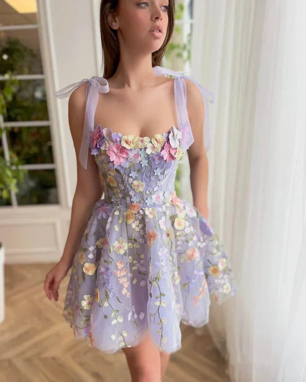 Cute Lavender 3D Floral Design Tulle A-line Mini Strapless Homecoming Dress TP3609