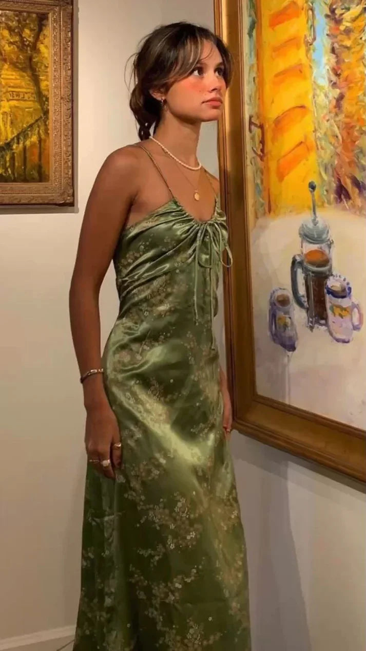 Vintag Green Satin Spaghetti Strap Prom Dress Party Dress Evening Dress TP4549