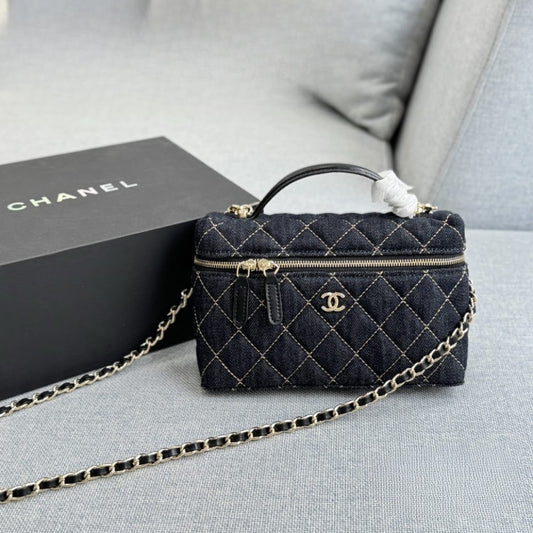 Chanel Classic Vanity with Chain Gold Metal Denim Dark Blue 19cm