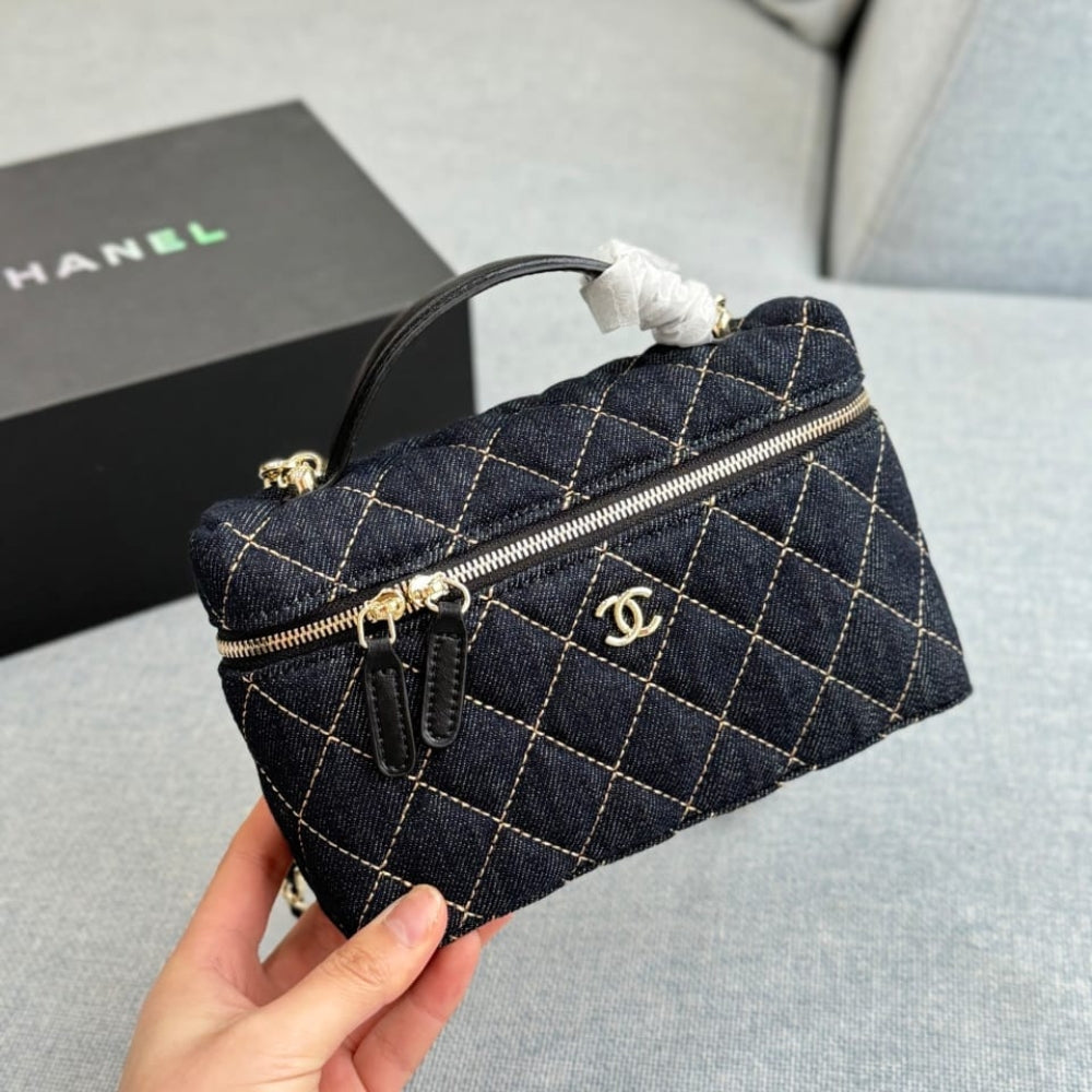 Chanel Classic Vanity with Chain Gold Metal Denim Dark Blue 19cm
