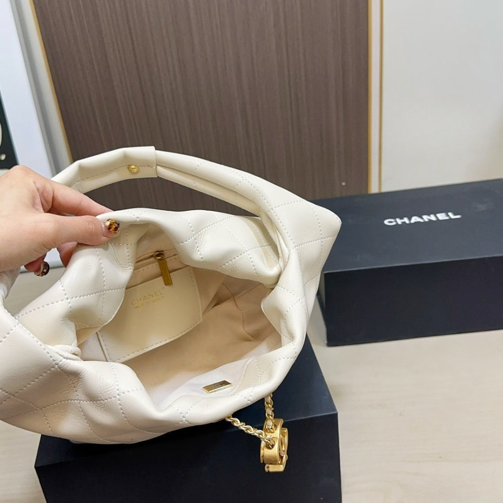 Chanel Mini Hobo Handbag Gold Tone Hardware Beige 19Cm
