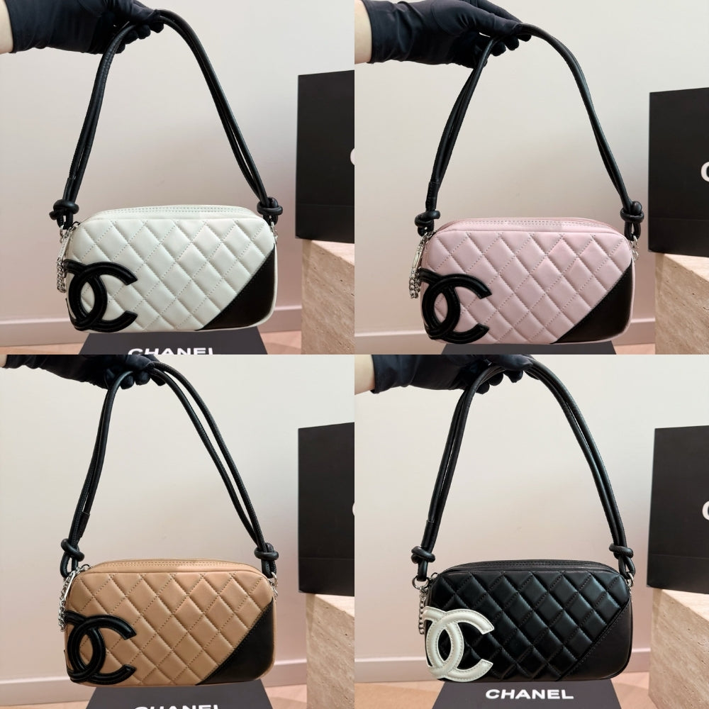 Chanel Cambon Pochette Quilted Leather White And Black 22Cm