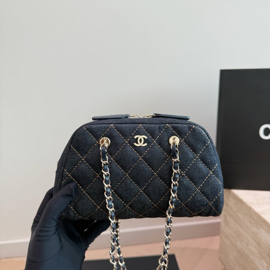 Chanel Clutch With Strap Gold Metal Denim Blue 20cm
