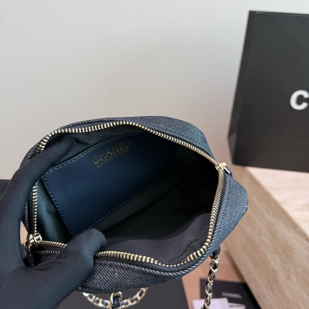 Chanel Clutch With Strap Gold Metal Denim Blue 20cm