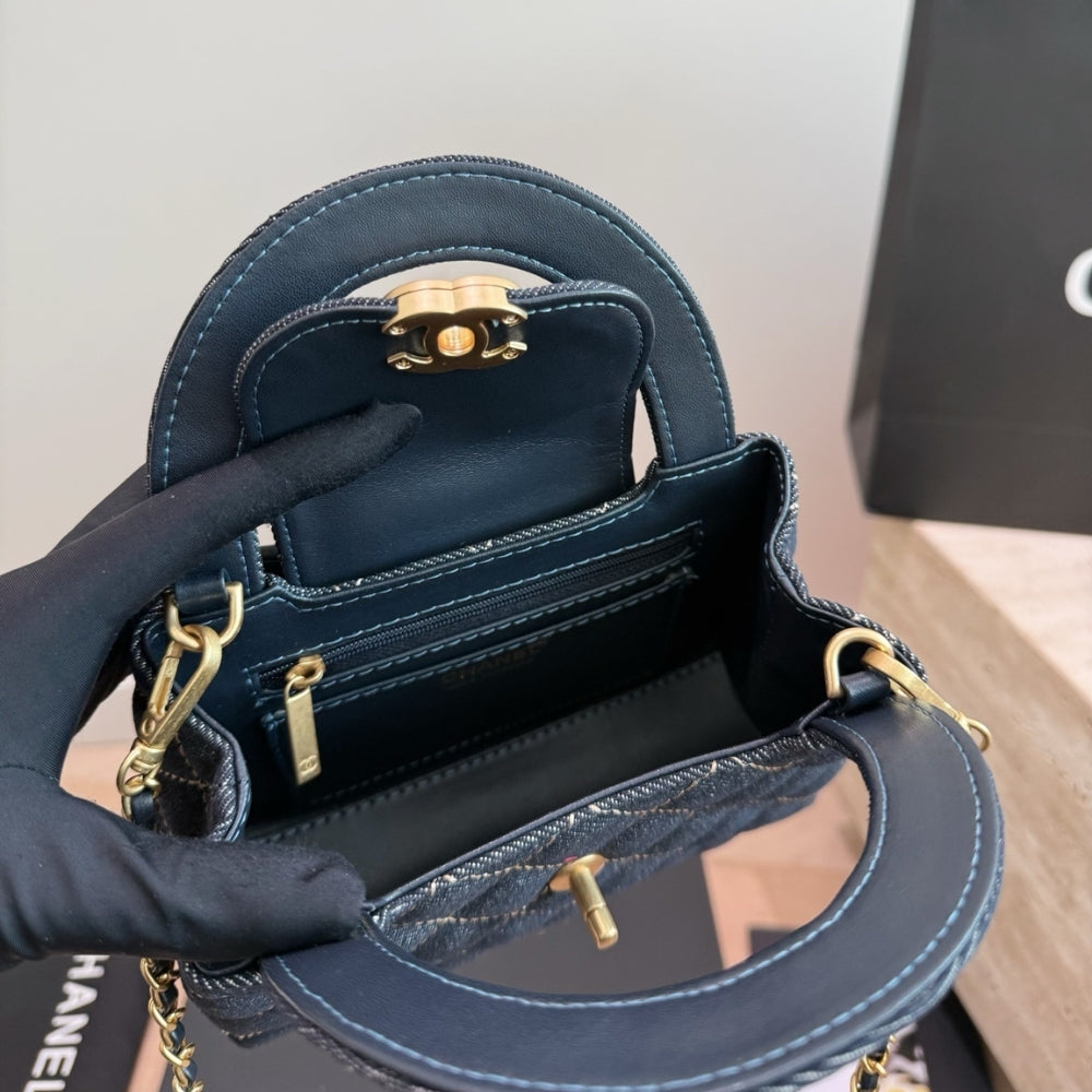 Chanel Clutch With Strap Gold Metal Washed Denim Blue 19cm