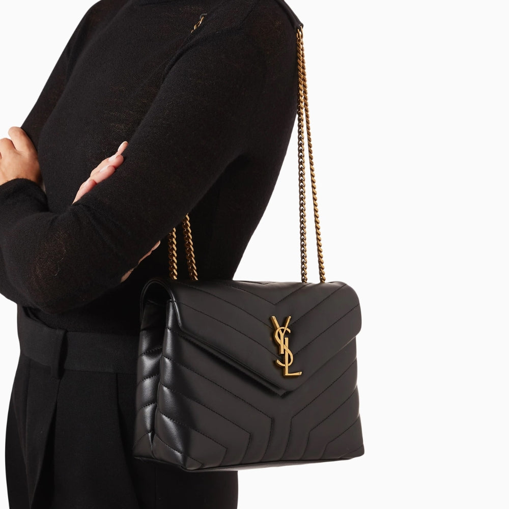 Saint Laurent Loulou Medium Chain Bag In Matelassé Y Black Gold 26Cm