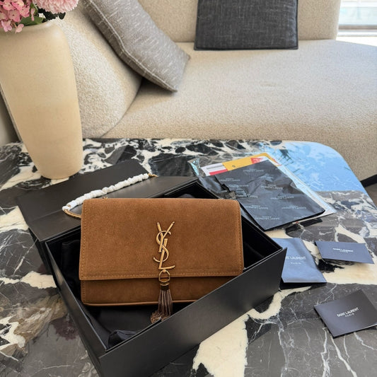 Saint Laurent Kate Medium Tassel Crossbody Bag In Brown Suede With Gold Tone 22Cm