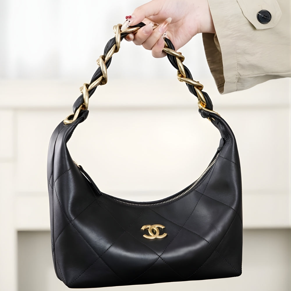 Chanel Hobo Handbag Shiny And Gold Tone Metal Black 24Cm