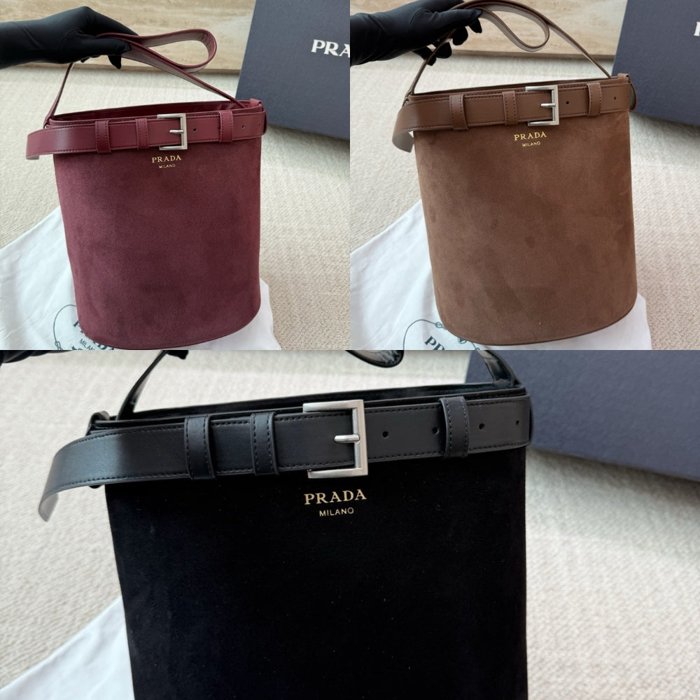 Prada Suede Buckle Bucket Bag With Belt Brown 28Cm