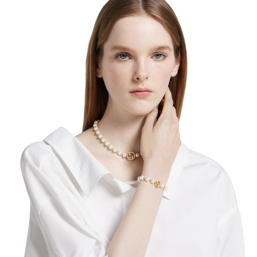 Gucci Interlocking Pearl Bracelet Gold 839033 JCF27 8062