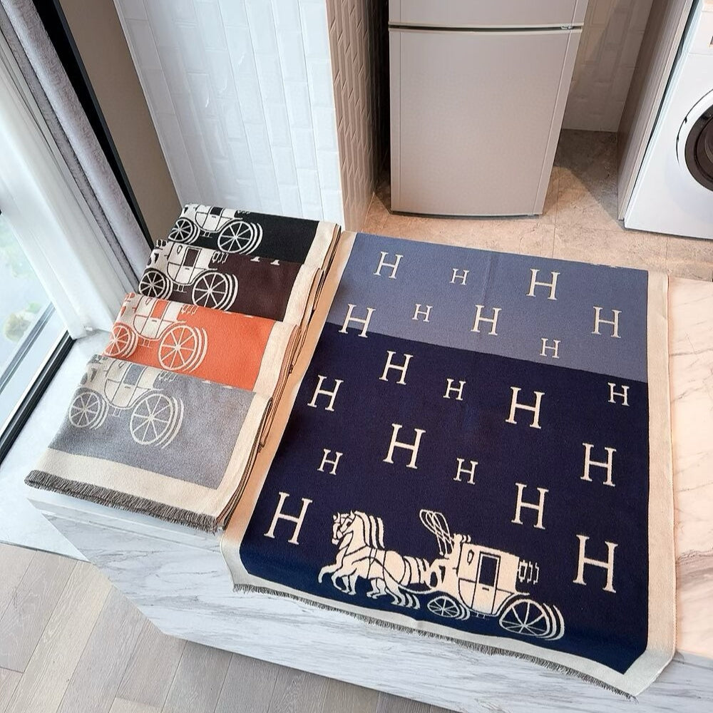 Hermes Equipage Equestrian Horse H Scarf Blue 180Cm