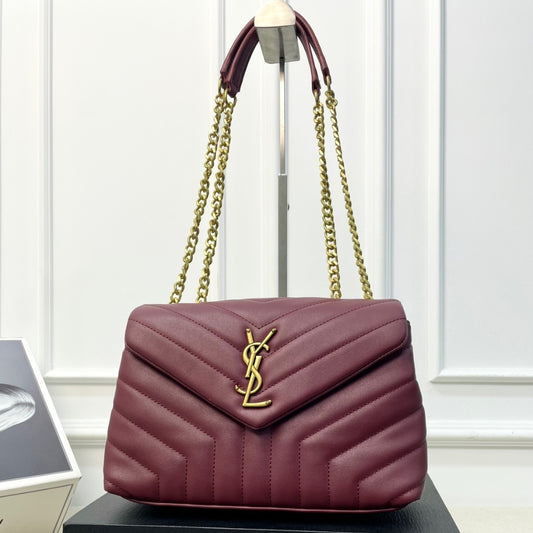 Saint Laurent Loulou Medium Chain Bag In Matelassé Y Burgundy Gold 26Cm