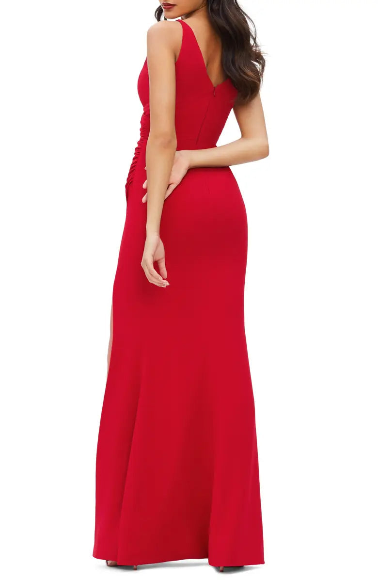 Minimalist V-neck sleeveless off shoulder side slit long backless evening dress