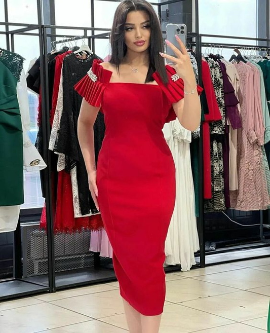 Elegant Red Sheath Midi-length Prom Dress,Red Party Gown Y6042