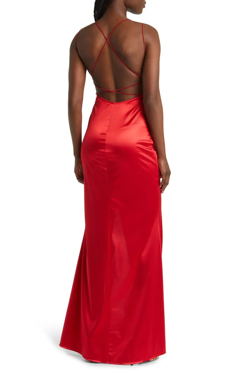Noble thin shoulder strap off shoulder pleats backless satin and floor length front slit evening dress