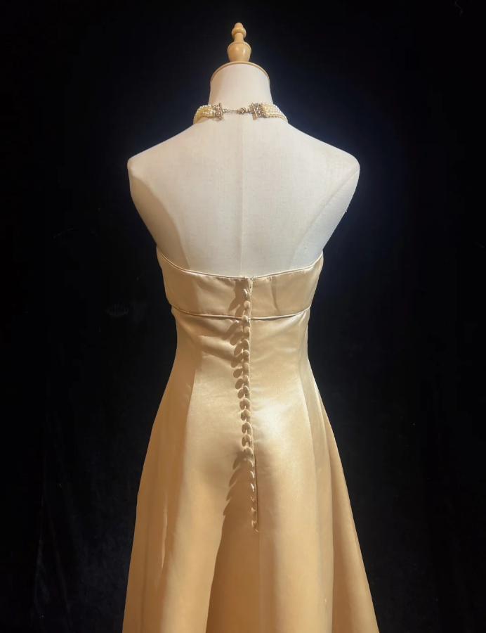 Fashion Strapless Gold Satin A Line Long Evening Dress Formal Wedding Guest Dress SP1781