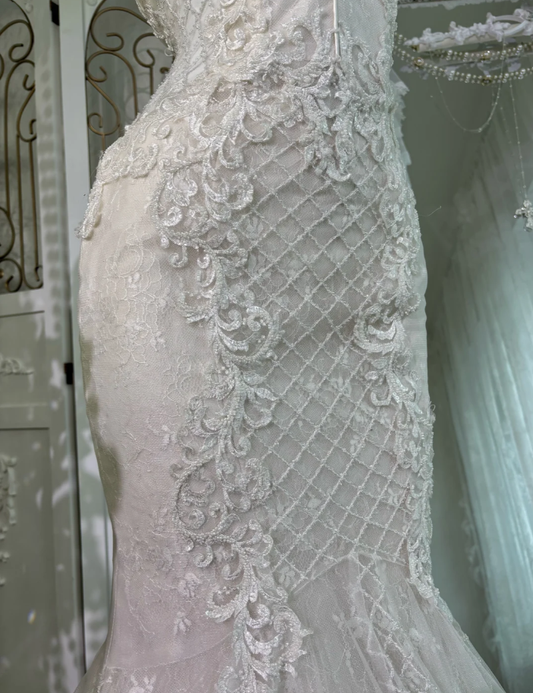 Beautiful White Off The Shoulder Tulle Lace Beaded Mermaid Long Wedding Dress SP1462