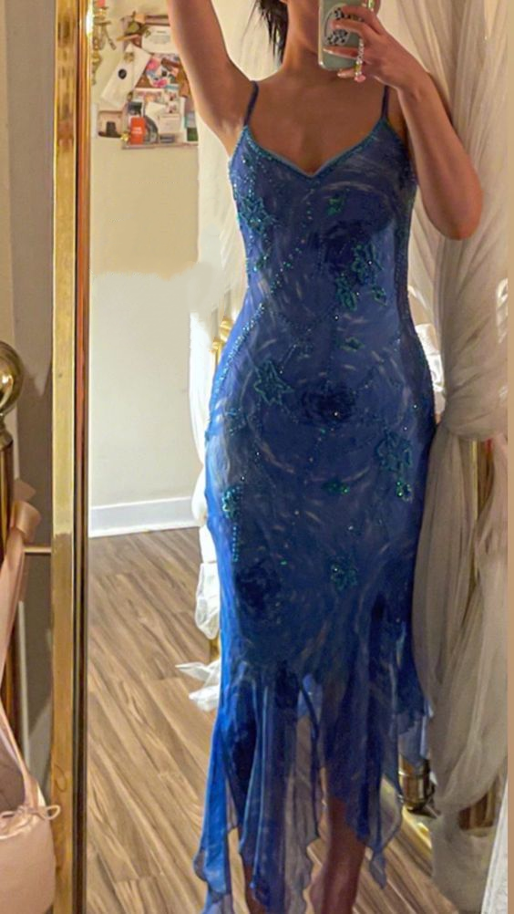 Sexy Spaghetti Straps Blue Chiffon Sequin Beaded Ruffle Mermaid Prom Dress Long Evening Gown