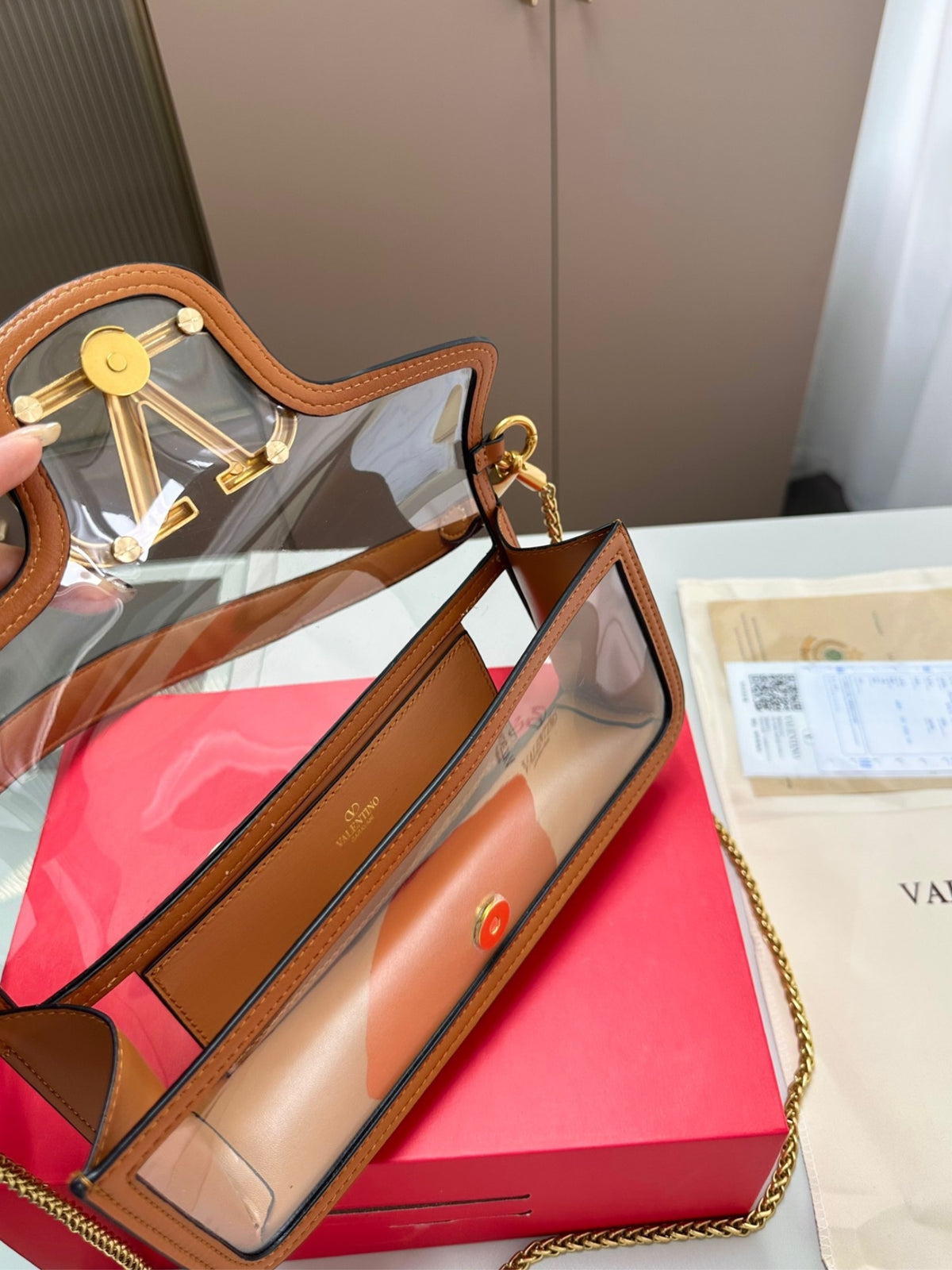 VALENTINO GARAVANI LOC? PVC AND LEATHER SHOULDER BAG BROWN 24CM