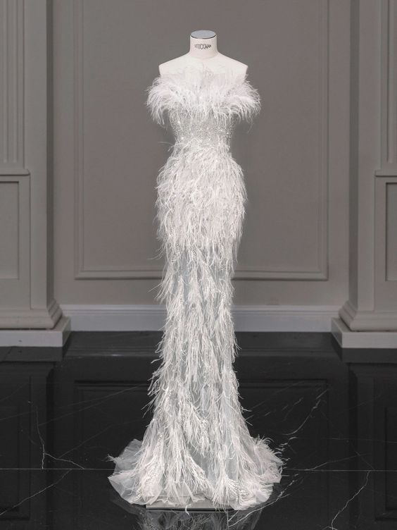New Exquisite Mermaid White Strapless With Imitation Feather Long Prom Dresses, Formal Evening Dresses GG051