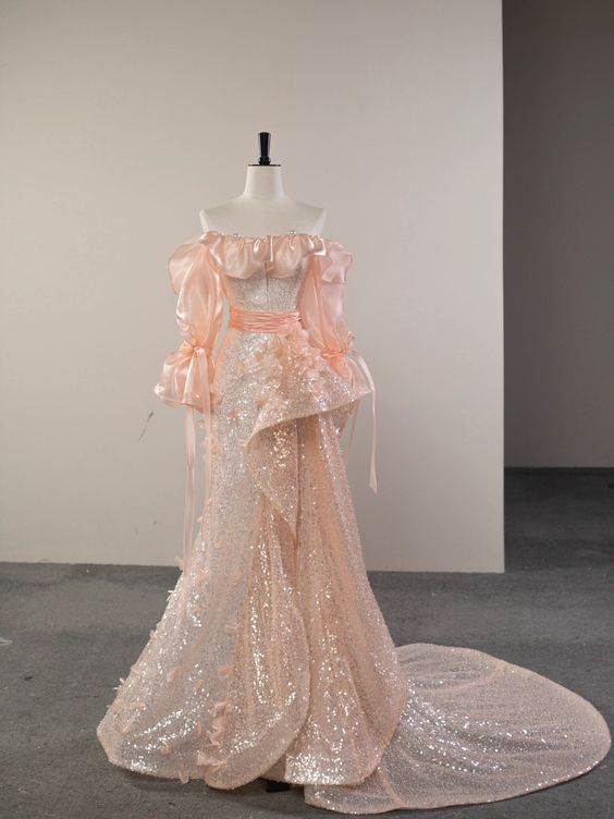New Exquisite A Line Off The Shoulder Champagne Pink Sequin Long Sleeves Sweep Prom Dresses,Evening Dresses GG107
