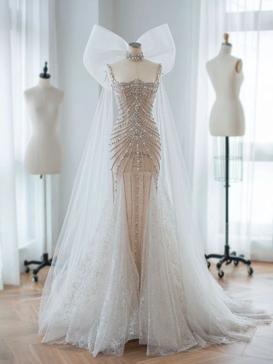 New Exquisite Mermaid Sweetheart Light Champagne Crystal Beading With Bow-knot StoleTulle Long Prom Dresses, Evening Dresses GG108