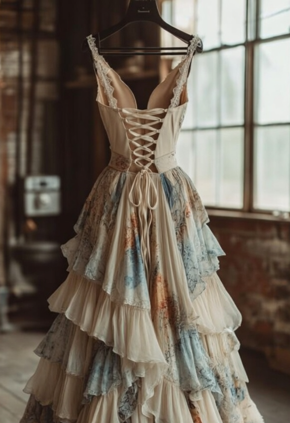 Vintage A Line Spaghetti Straps Satin Tiered Printing Long Prom Dress,Evening Dress GG1216