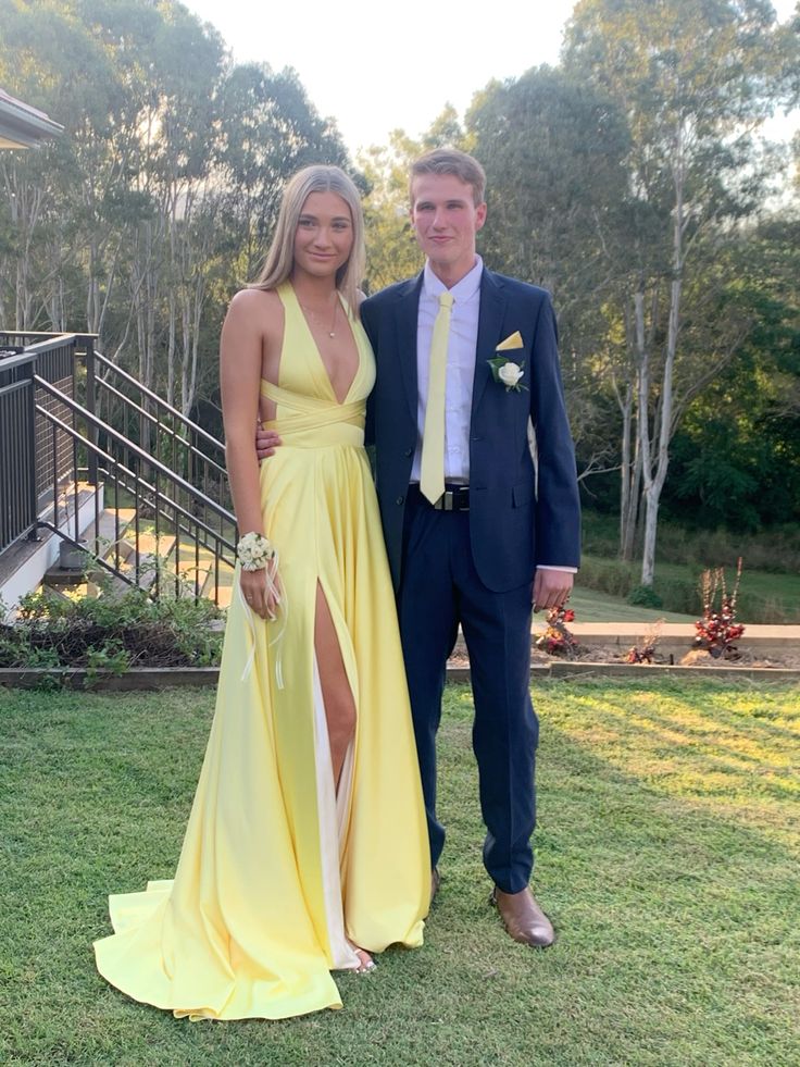 Sexy A Line Halter V Neck Pastel Yellow Satin Slit Long Prom Dress,Evening Dress GG1493