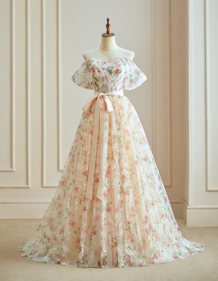 Elegant A Line Off The Shoulder Tulle Print Flower Sequins Long Prom Dress,Evening Dresses GG180