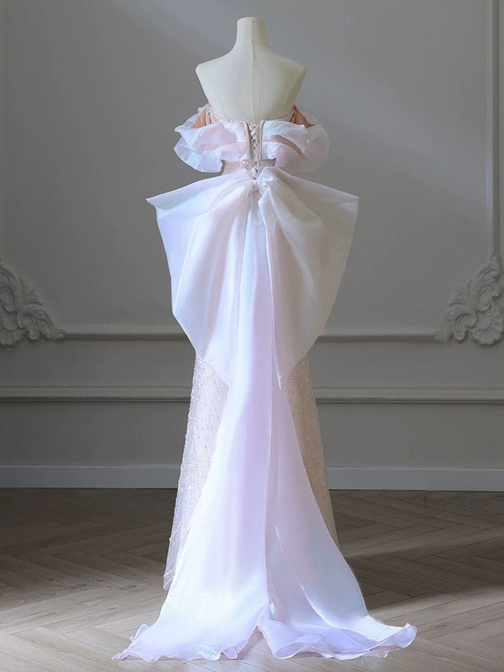 Luxury A Line Off The Shoulder Beading Sequins Puff Sleeve Bow Tain Pearl Chain Long Prom Dresses, Wedding Dresses,Evening Dresses GG185