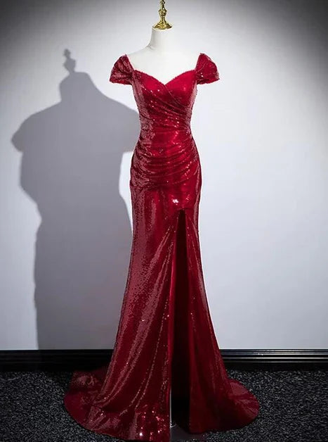 Shiny Mermaid Red Sequins Off The Shoulder Split Long Prom Dresses ,Evening Dresses GG211