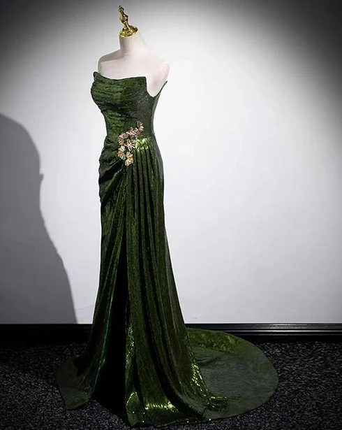 Shiny Mermaid Strapless Green Sequins Split Long Prom Dress, Evening Dresses GG212