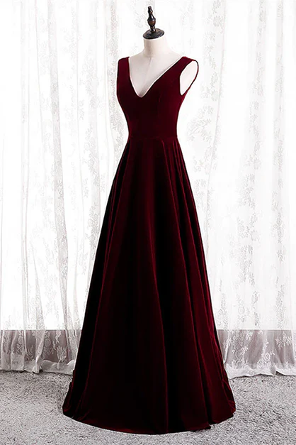 Elegant A Line V Neckline Wine Red Velvet Simple Long Prom Dresses,Evening Dress GG231