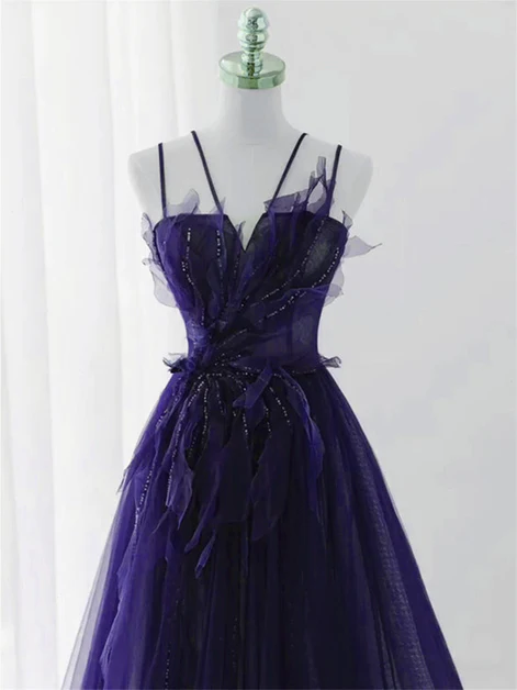 Chic A Line Spaghetti Straps Purple Tulle with Lace Applique Long Prom Dress, Evening Dress GG244