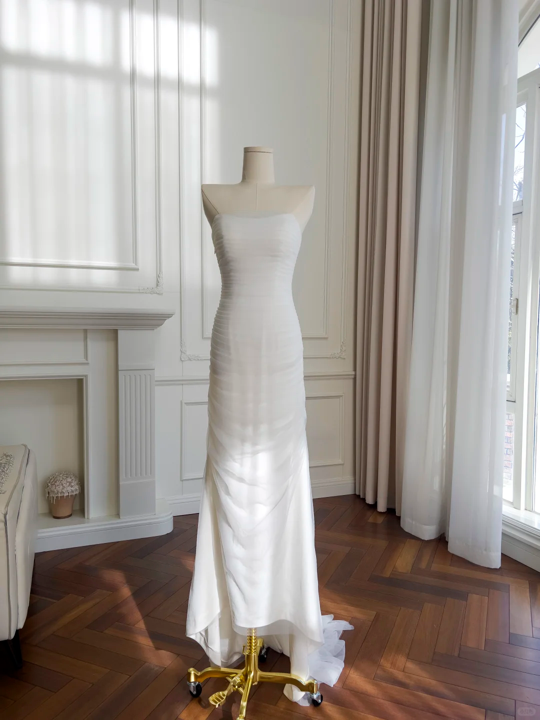Elegant Mermaid Strapless White Satin Chiffon Long Prom Dress, Party Dress, Evening Dress GG2658