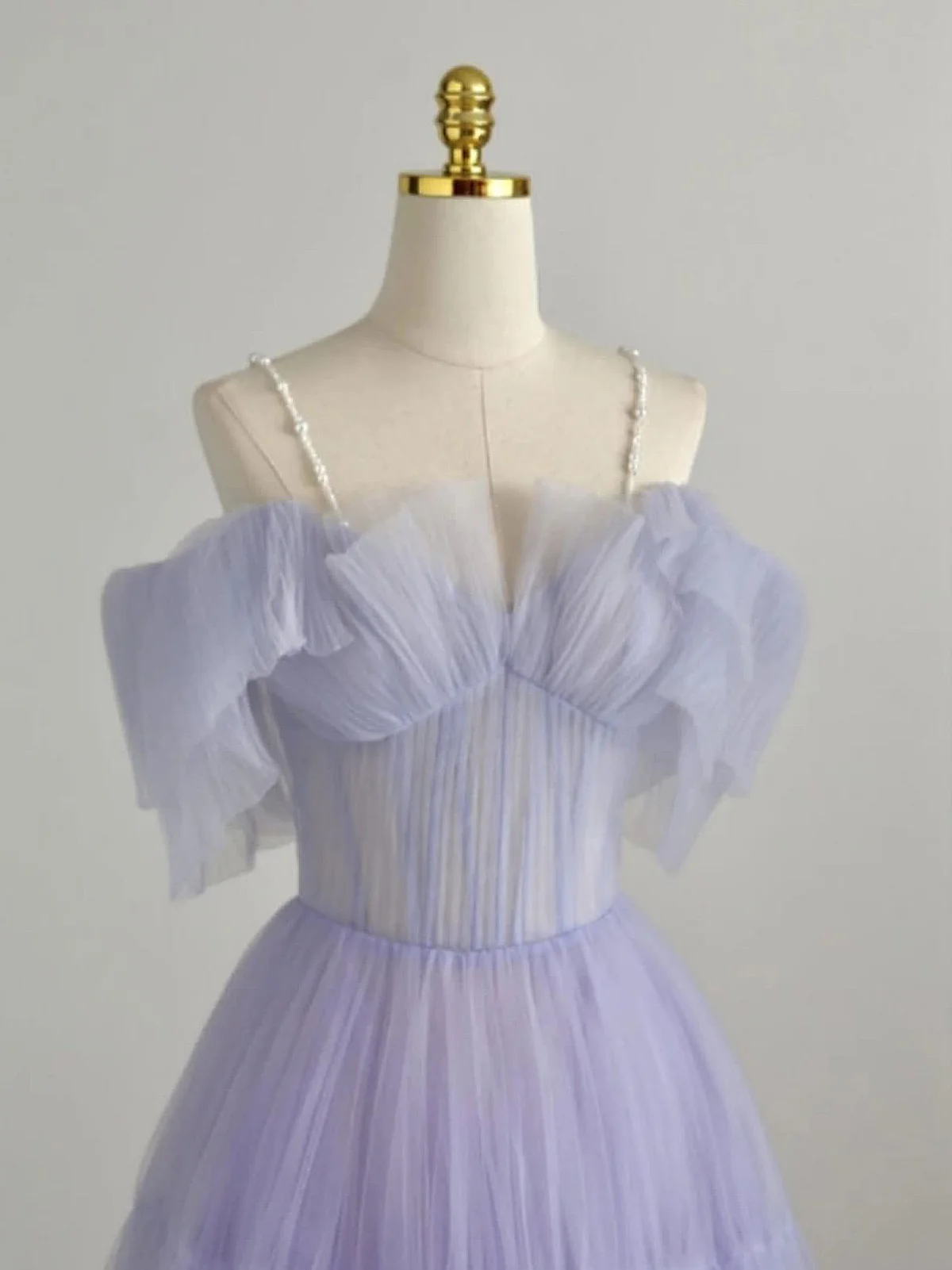 Elegant A Line Off The Shoulder Spaghetti Beading Straps Lavender Tulle Long Prom Dress, Evening Dress GG282