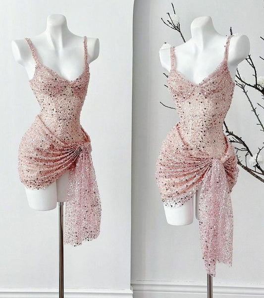 Chic A Line Spaghetti Straps Tulle Sequin Short Prom Dress,Homecoming Dress,Birthday Dress GG3189