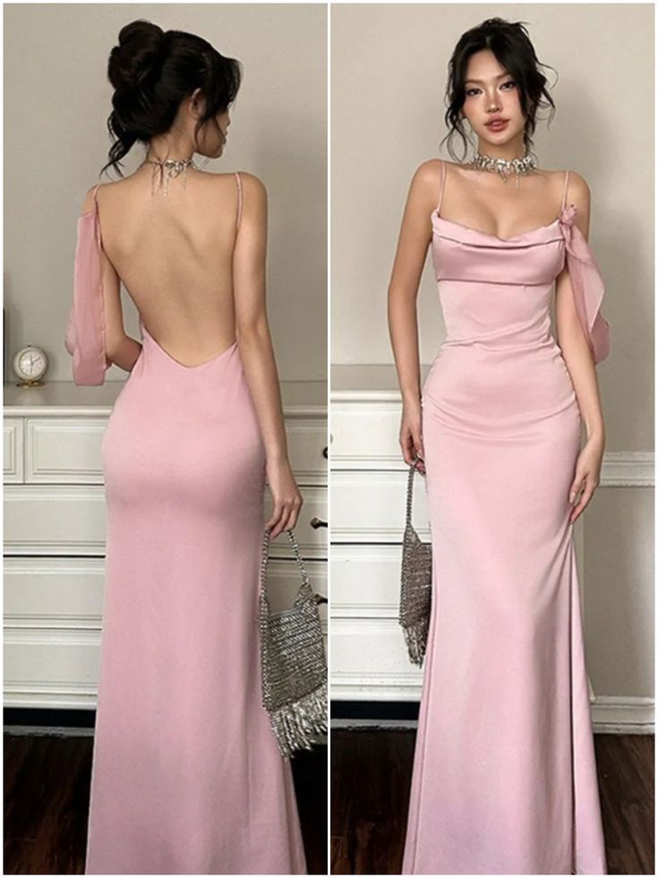 Sexy Pink Mermaid Spaghetti Straps Satin Backless Long Prom Dress,Party Dress,Evening Dress GG3849